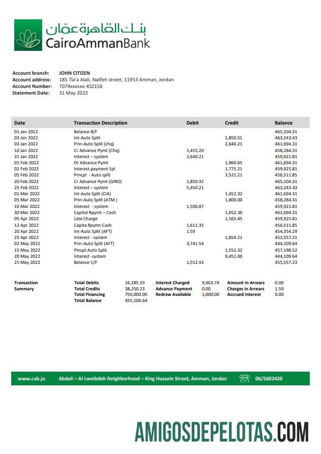 Exemplo de extrato bancário da Jordânia Cairo Amman